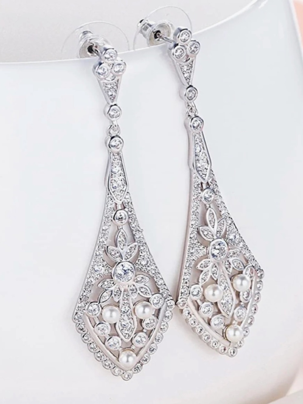 WHITE GOLD Cassandra Elegant Art Deco CZ Pave & Pearl Dangle